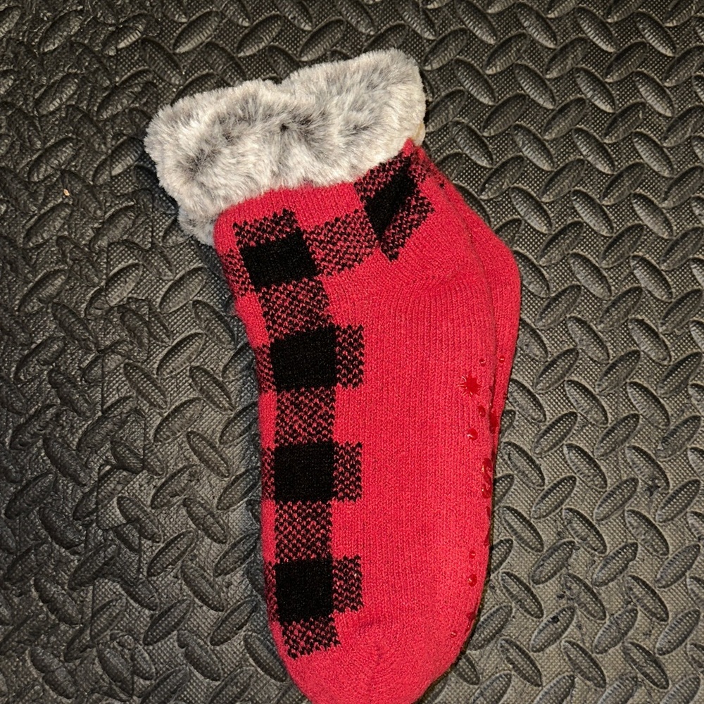 Muk Luks Red and Black Plaid Slipper Socks